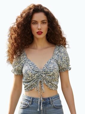 Hollister Blue Floral Ruched Crop Milkmaid Top - Size M